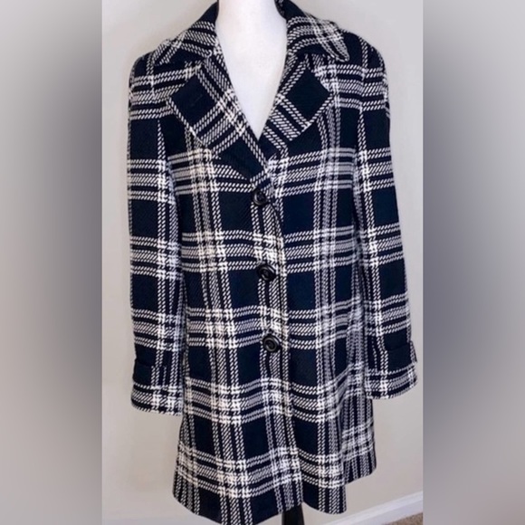 Talbots Jackets & Blazers - Talbots black & white plaid wool blend swing coat
Size 12